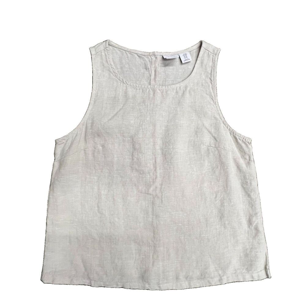 Linen Sleeveless Top Tan Flower-shaped Button Back Sz M Summer Coastal Luxury